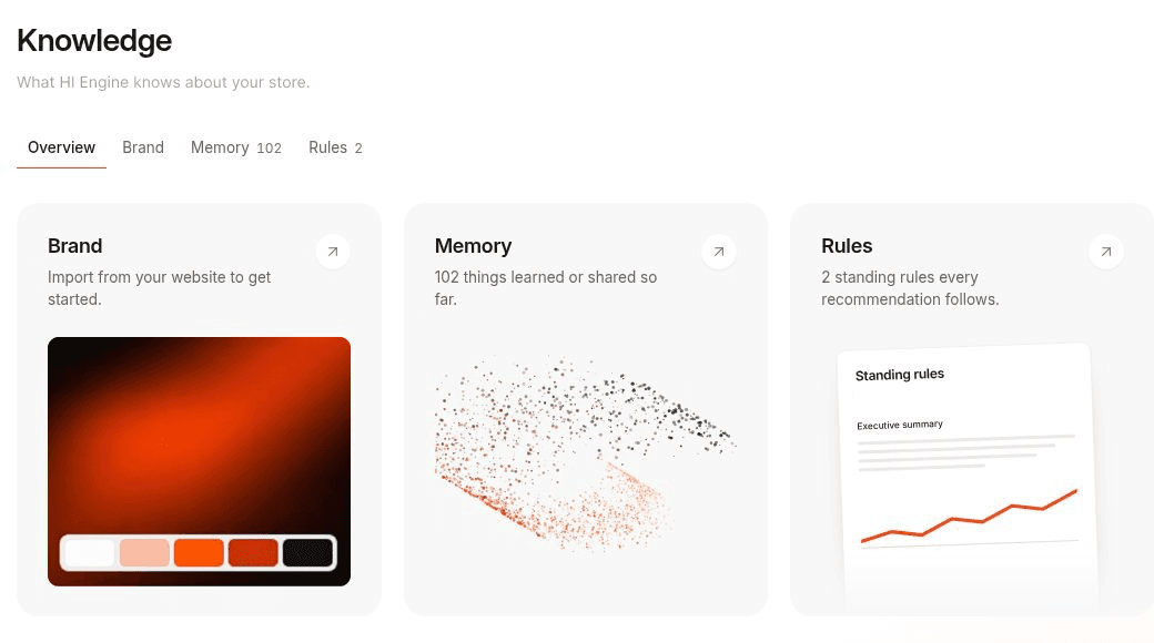 HI Engine’s Knowledge view: Brand, with a store’s colour palette; Memory, 102 things learned or shared so far; Rules, 2 standing rules every recommendation follows.